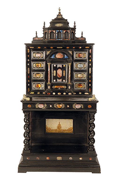 Extraordinary ebony cabinet inlaid with semi-precious stones, landscape stone from Florence, and gilded bronze.
